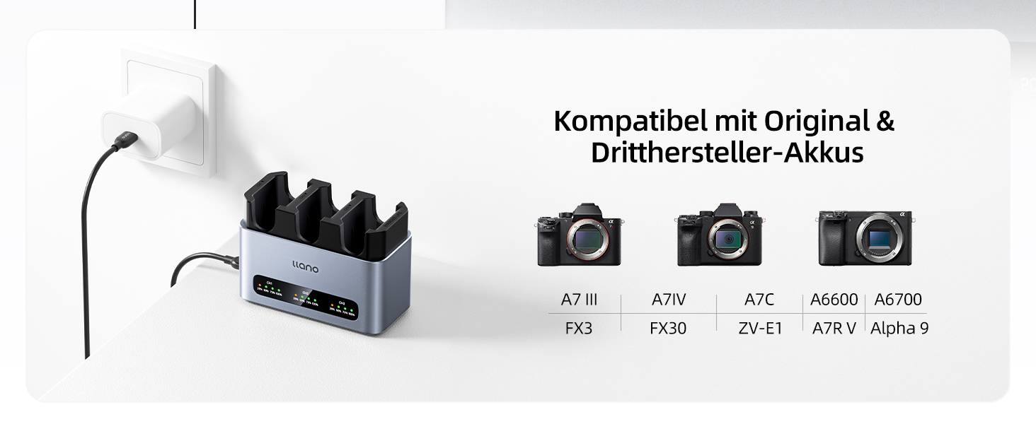 Зарядний пристрій LLANO 30W NP-FZ100 для камер Sony (A7III, A7IV, A6700, FX3, FX30, A9, A7C, A7CII, A7RV, A7RIII, A6600, ZV-E1, ZV-E10II, A1, FX2) з USB-C та LED дисплеєм, алюмінієвий корпус