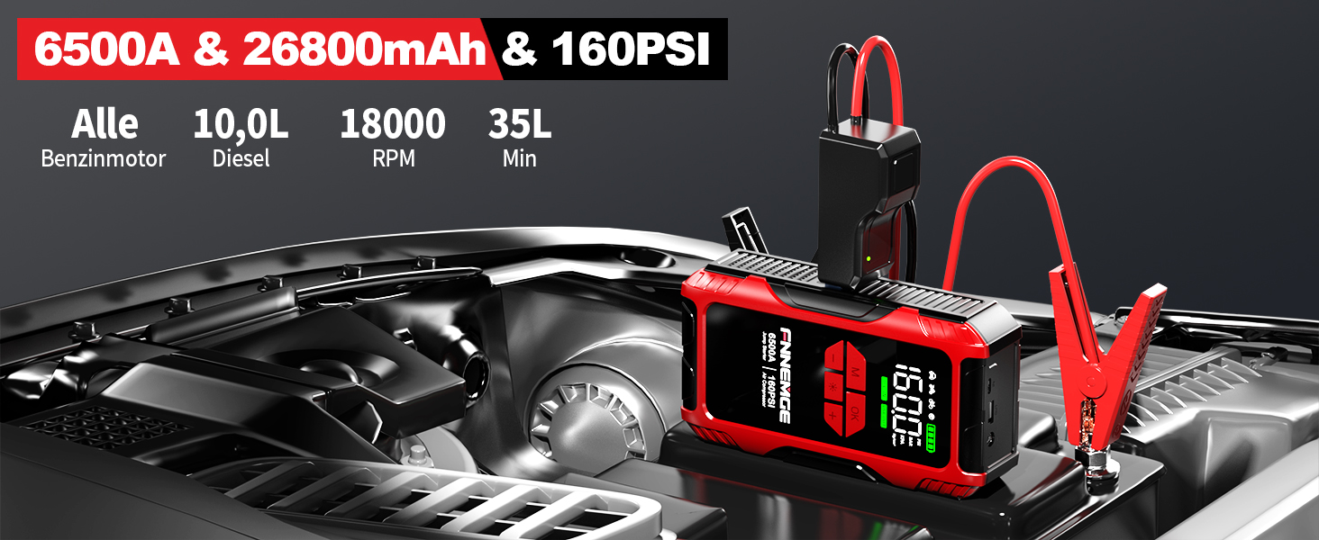 Пауербанк для авто FNNEMGE 26800mAh з пусковим струмом 6500A, компресором 160PSI, LCD-дисплеєм та LED-підсвіткою