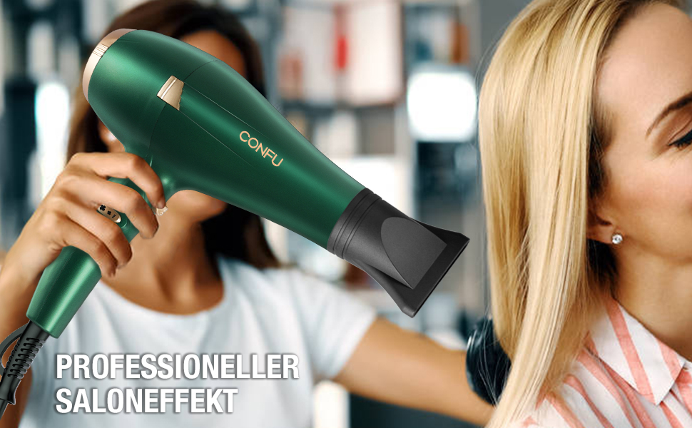 Фен CONFU Profi Ionen 2400W з дифузором та насадкою для укладки, 2 швидкості, 3 режими нагріву, AC мотор, для салону та дому (зелений)