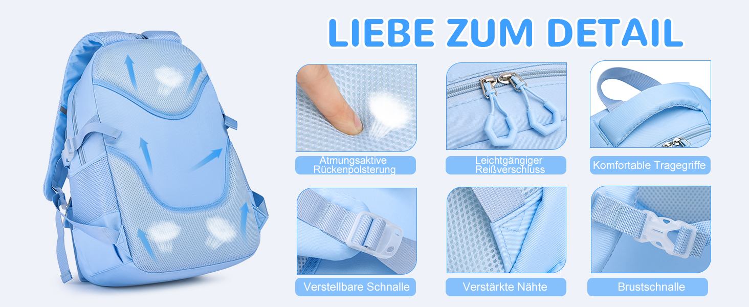 Шкільний рюкзак для дівчаток, водонепроникний та дихаючий, для 1-5 класів з відділенням для ноутбука, блакитний + ізольована ланч-сумка + пенал