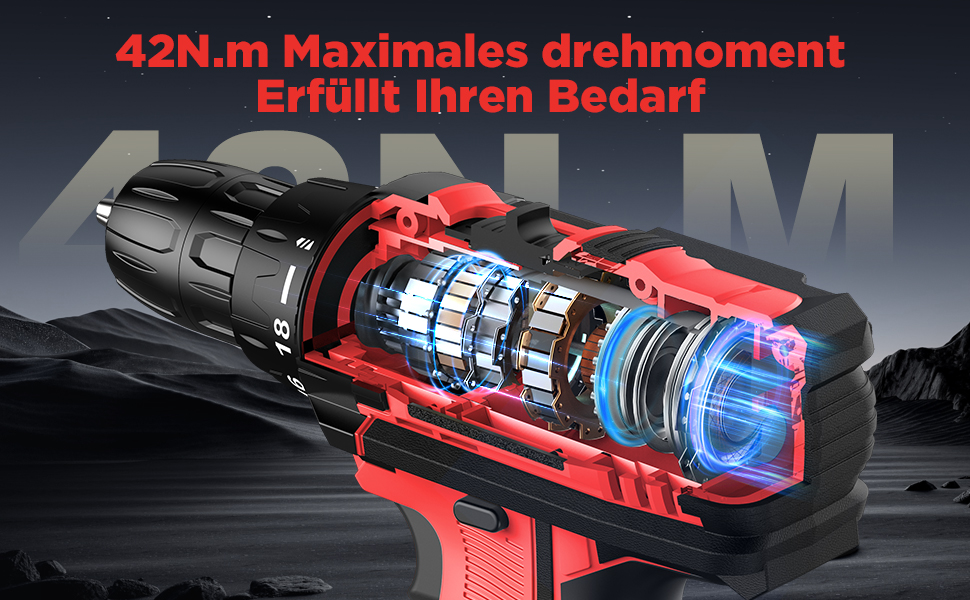 Акумуляторний шуруповерт 21V з набором 2 акумуляторів та 14 аксесуарів, кейс, 42Nm, 18+1 режимів, 10мм патрон, для дому