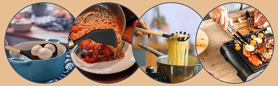 Набір кухонних аксесуарів Homikit 9 шт. з чорного силікону та дерев'яними ручками