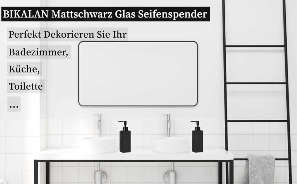 Чорний диспенсер для мила, скло Bibilan, матовий, для кухні, ванної, миття посуду, шампуню, квадратний