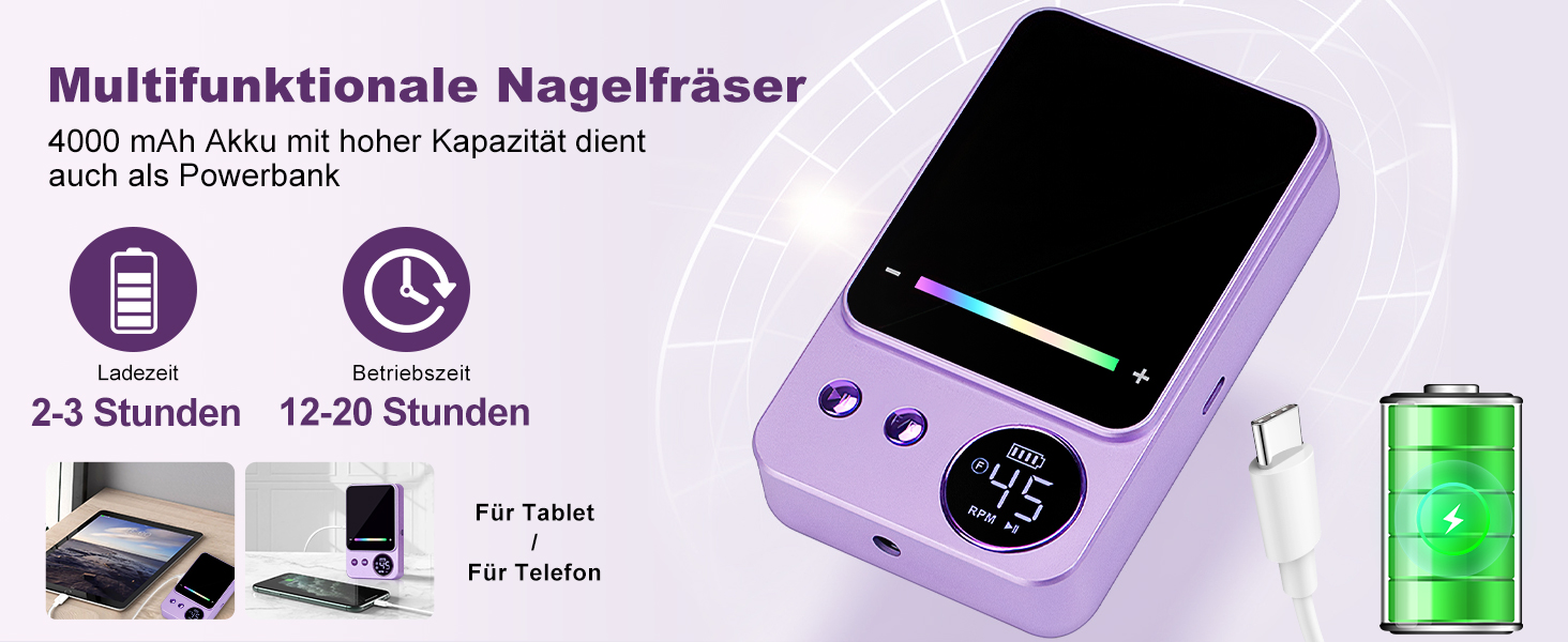 Електричний фрезер для нігтів, 45000 об/хв, професійний манікюрний апарат з LED-дисплеєм, бездротовий набір для манікюру та педикюру