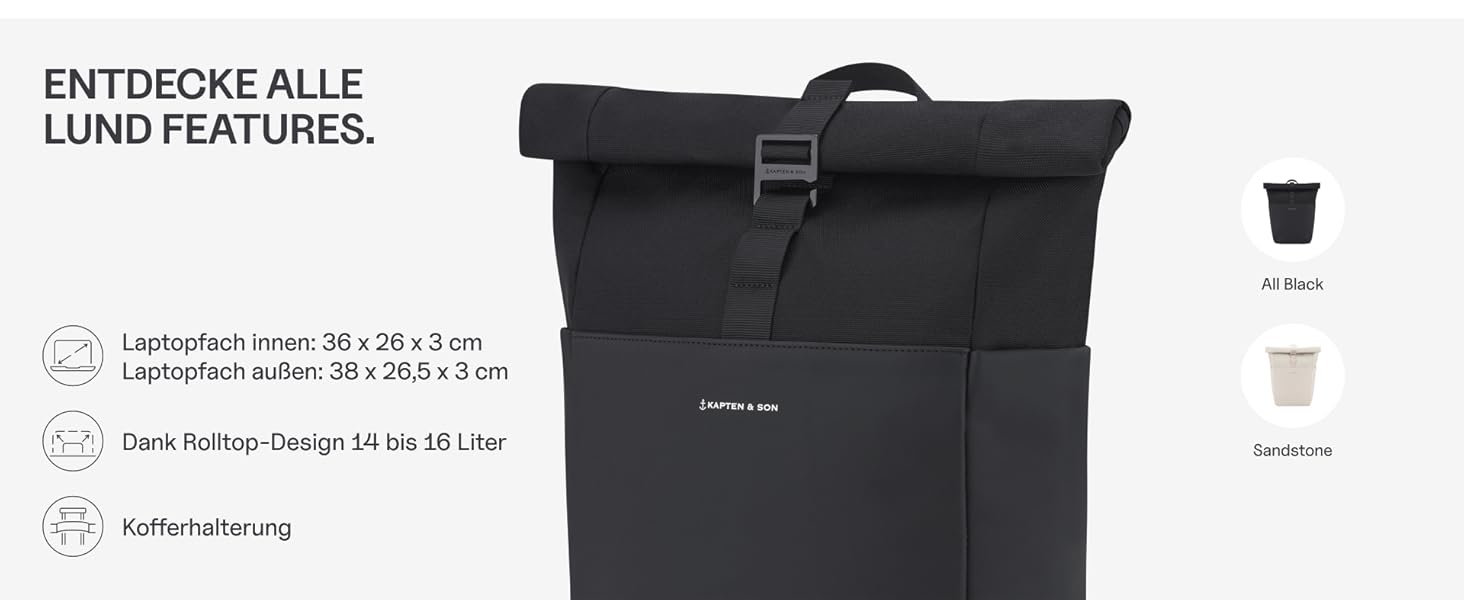 Рюкзак Kapten & Son Lund Basic 14-16 л, ролтоп, з відділенням для ноутбука 14'', унісекс, для подорожей, навчання та роботи, ручна поклажа