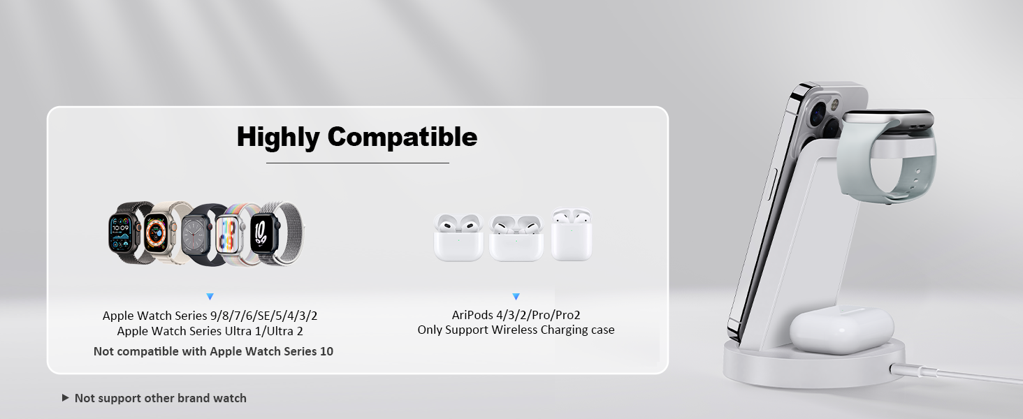 Зарядний станція 3 в 1 для iPhone з бездротовою зарядкою - сумісна з iPhone 16, 15, 14, 13, 12, 11, X, Pro, Max та Apple Watch, AirPods. 18W адаптер в комплекті.