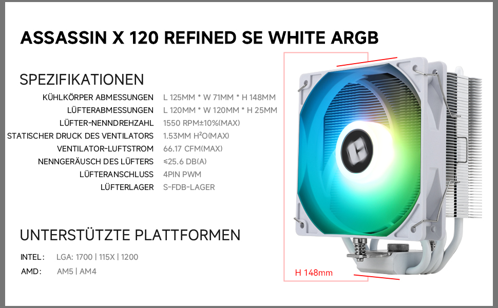 AssassinX120 SE White ARGB CPU-кулер: 4 heatpipes, тиха система охолодження, сумісний з AMD AM4/AM5 та Intel 1700/1150/1151/1200
