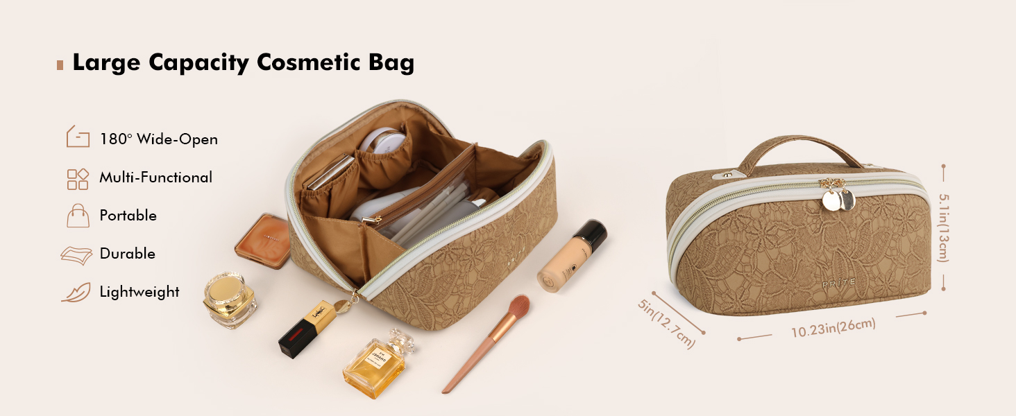 Косметичка велика містка для подорожей, водонепроникна з PU-шкіри, з прозорими перегородками та ручкою (M, Коричнева квітка)