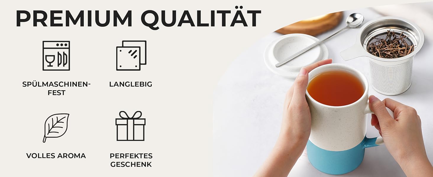 Набір чайних чашок Miamio 2 x 500 мл з кришкою та ситом, з чайним ситечком та ложкою, для заварювання листового чаю, подарунок для жінок, безпечно для мікрохвильової печі та посудомийної машини (блакитний)