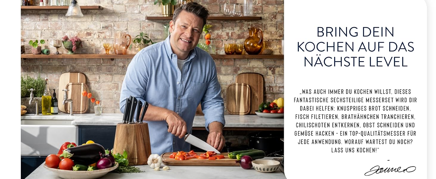 Набір ножів кухонних Jamie Oliver by Tefal (5 предметів) + блок: шеф-ніж, сантоку, для хліба, універсальний, овочечистка. Німецька сталь, акація, коричневий K267S556