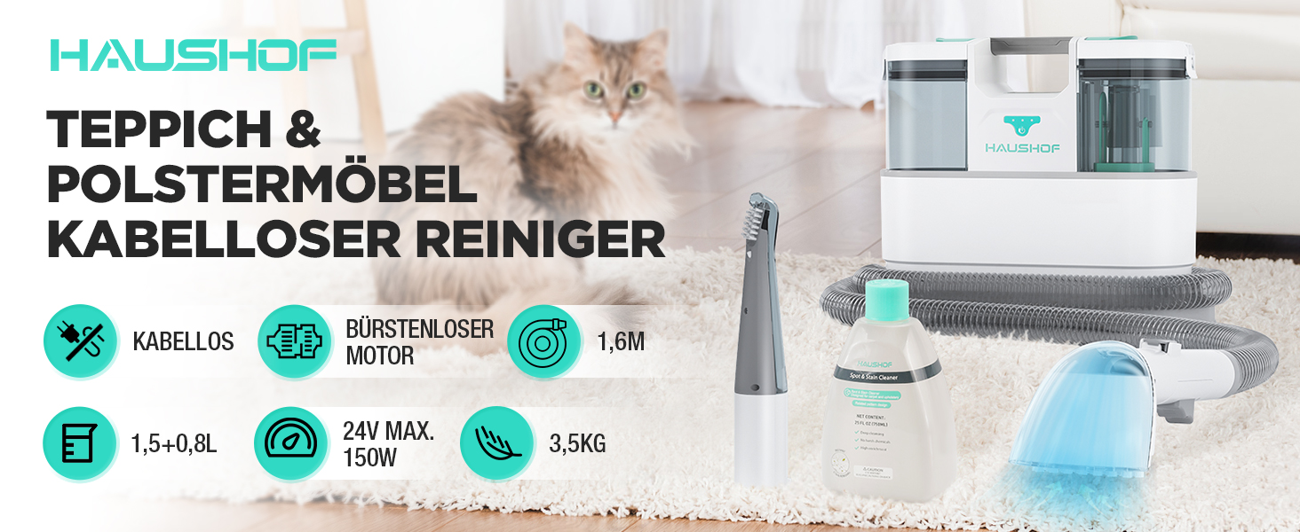 HAUSHOF StainZapper Pro: Професійний миючий пилосос для килимів, меблів та авто. Потужність 450W, 12kPa, об'єм 1,5+0,8L, з миючим засобом та щіткою для швів. Ефективний видалення плям з килимів, диванів, оббивки та салону авто.