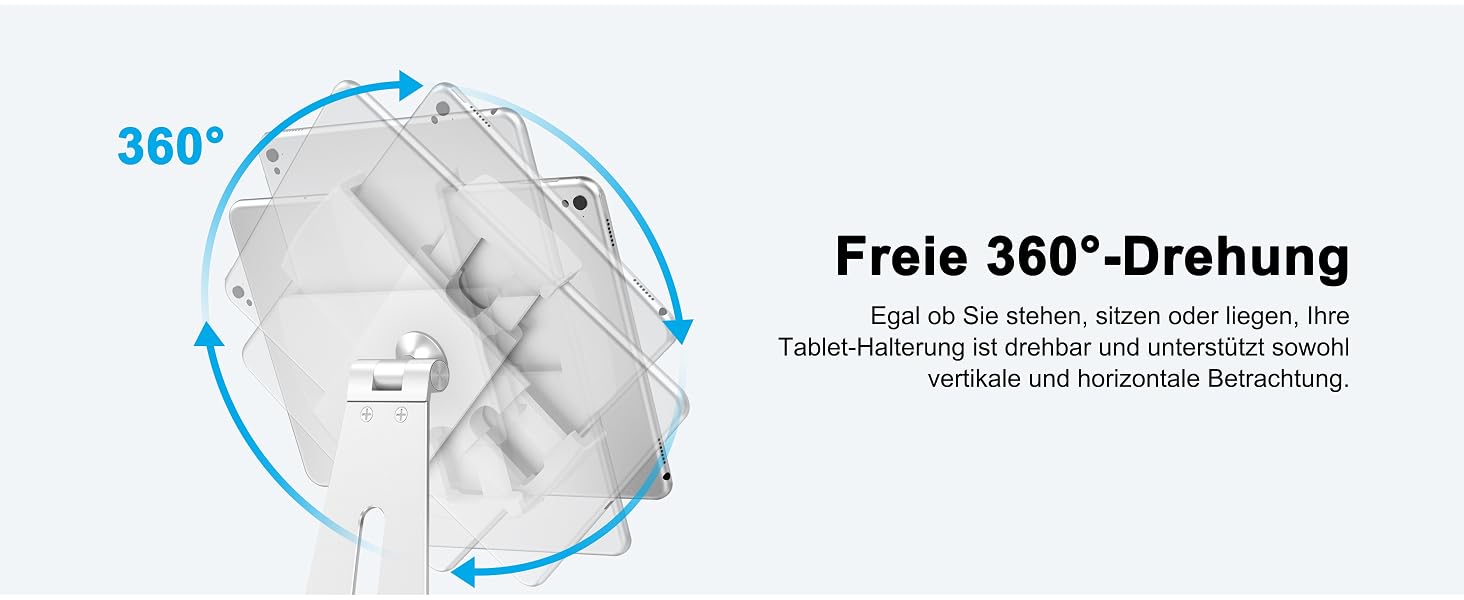 Регульована алюмінієва підставка для планшета AboveTEK, поворотна на 360° для iPad Pro/Air/Mini, Samsung Galaxy Tab (7–12,9 дюймів), срібляста