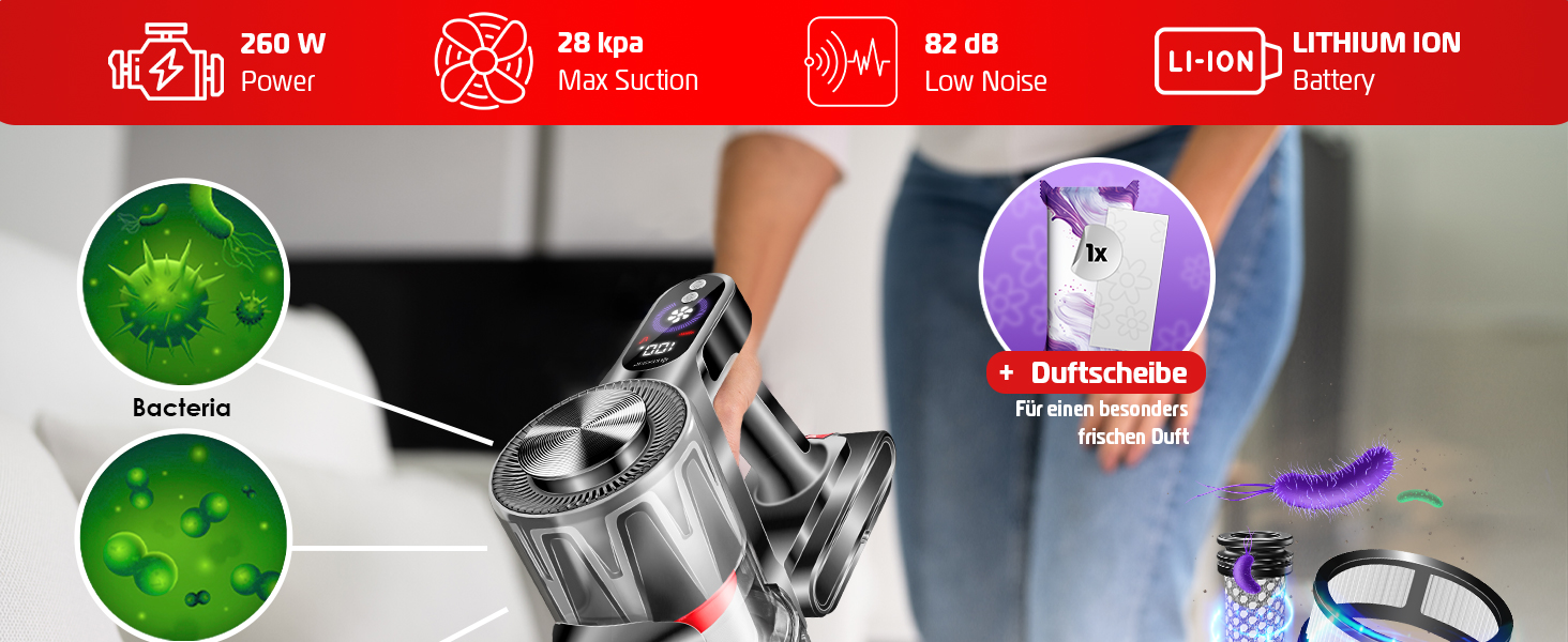 Бездротовий акумуляторний пилосос KESSER® з LED дисплеєм, до 60 хв роботи, тихий, без мішка, з антинамотувальною щіткою, HEPA фільтр, для твердих поверхонь та килимів, з аромадиском, чорний/червоний