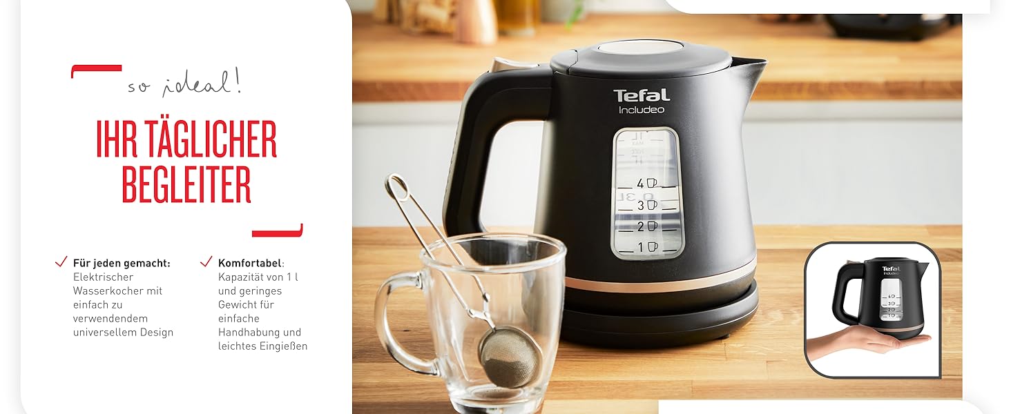 Електричний чайник Tefal Includeo KI5338, 1 л, 2400 Вт, чорний