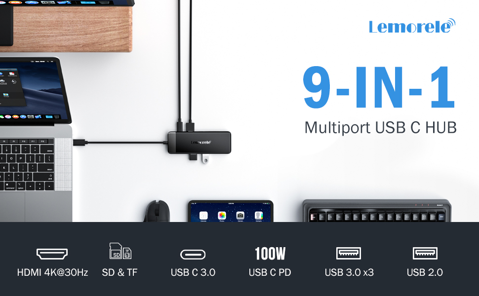 Lemorele USB-C док-станція: хаб з 2 HDMI, 3 USB 3.0/2.0, PD 100W для Windows, MacBook, Dell, HP, Surface (4K)