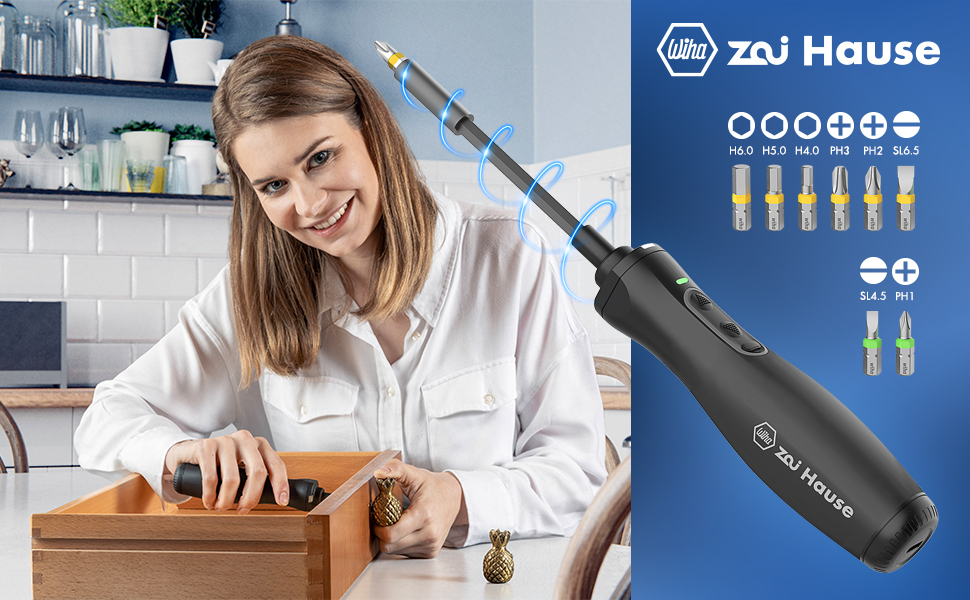 Електричний акумуляторний шуруповерт Wiha Zai Hause 3.6V Li-Ion з 8 біт, преміум якість, регулювання крутного моменту, LED-підсвічуванням та USB-C кабелем