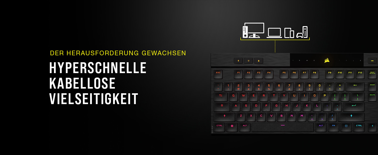 Ігрова механічна клавіатура Corsair K100 Air Wireless RGB з перемикачами Cherry MX Ultra Low Profile, Bluetooth, QWERTZ DE, чорна
