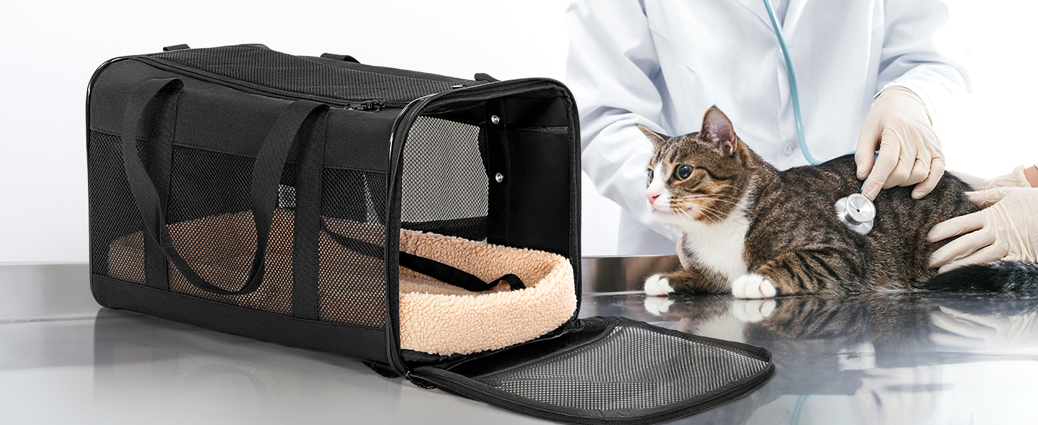 Транспортна переноска для кота та маленького собаки Petsfit, чорна, середнього розміру, з м'яким килимком та патентованими застібками