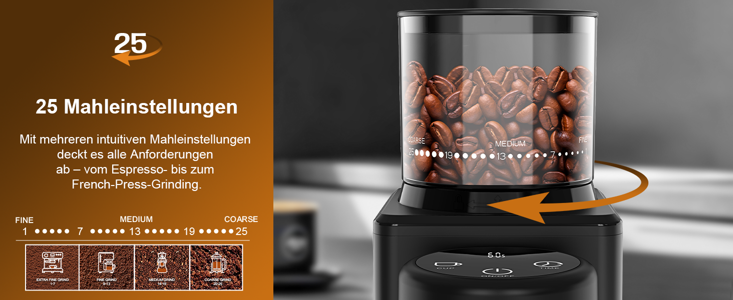 Електрична кавомолка з конічним жорнами – 25 ступенів помолу для еспресо, фільтр-кави, френч-прес, сенсорне управління, антистатична, чорна