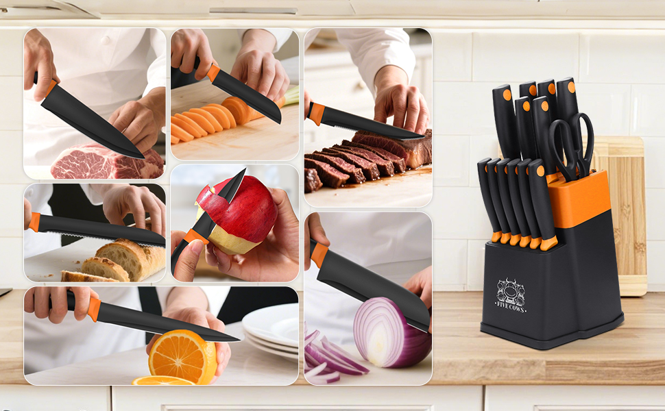 Набір кухонних ножів FIVE COWS з 14 предметів: професійний набір ножів для дому (Оранжевий)