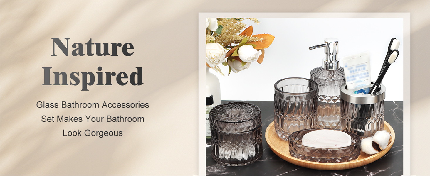 Набір аксесуарів для ванної кімнати 5 предметів: дозатор для мила та лосьйону, склянка для зубних щіток, стаканчик, мильниця, органайзер (чорний/прозорий) - сучасний декор для ванної, кухні, туалетного столика