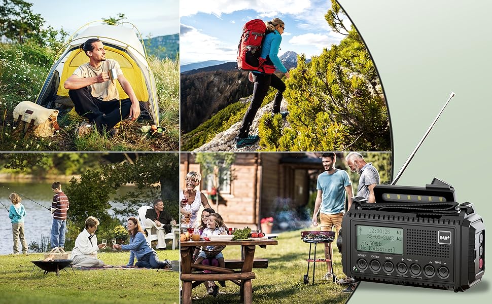 Радіоприймач DAB+/DAB/UKW з акумулятором 5000mAh, радіо для надзвичайних ситуацій з ліхтариком та світлодіодом для читання, портативне кемпінгове радіо з USB-зарядкою для мобільного телефону, FM, динамо, SOS-сигнал для походів, відпочинку на природі (Радіо DAB, Чорний)