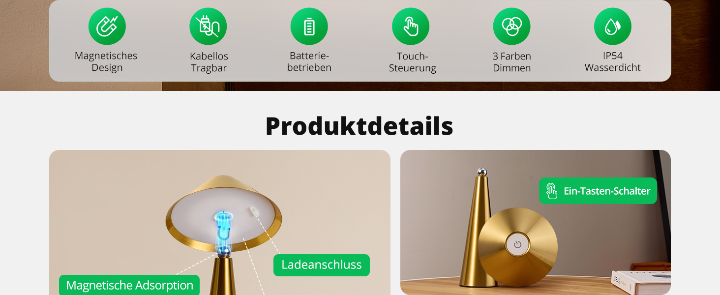 BOJIM 2 шт. LED настільна лампа золота, акумуляторна, USB, бездротова, диммування, магнітна, IP54, вологостійка, для балкона, поворотний наголовник