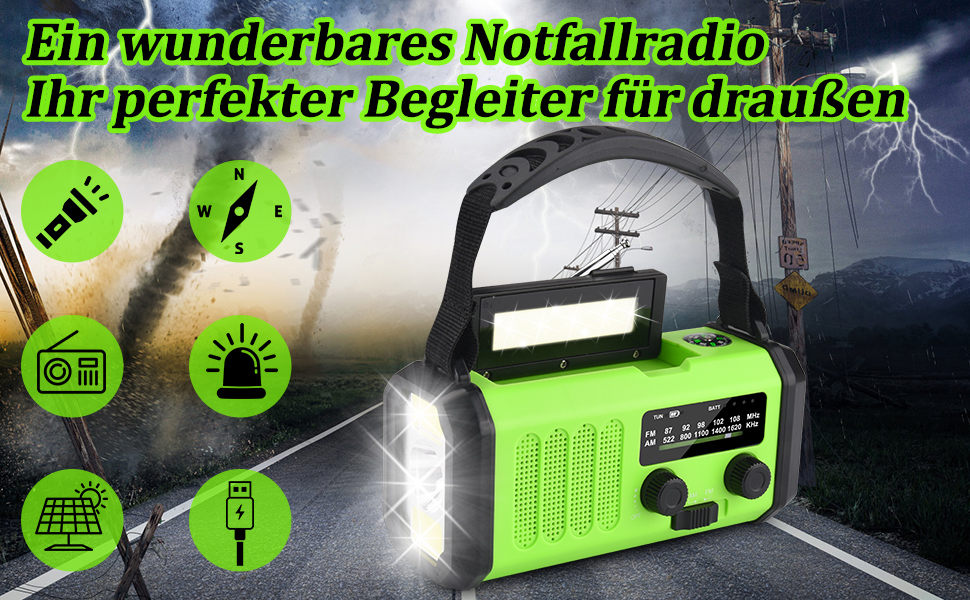 Радіо на сонячній енергії з ручним заводом Solar Radio AM/FM, Powerbank 20000 mAh, LED ліхтарик, SOS сигнал, USB-C зарядка для телефону, зелений