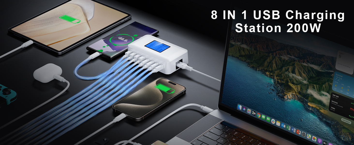 Зарядний пристрій RENGOGA 200W USB C GaN з 8 портами, LED дисплеєм, 65W USB-станція для iPad Pro/Air, MacBook, iPhone 16/15/14, Galaxy S24 - Білий