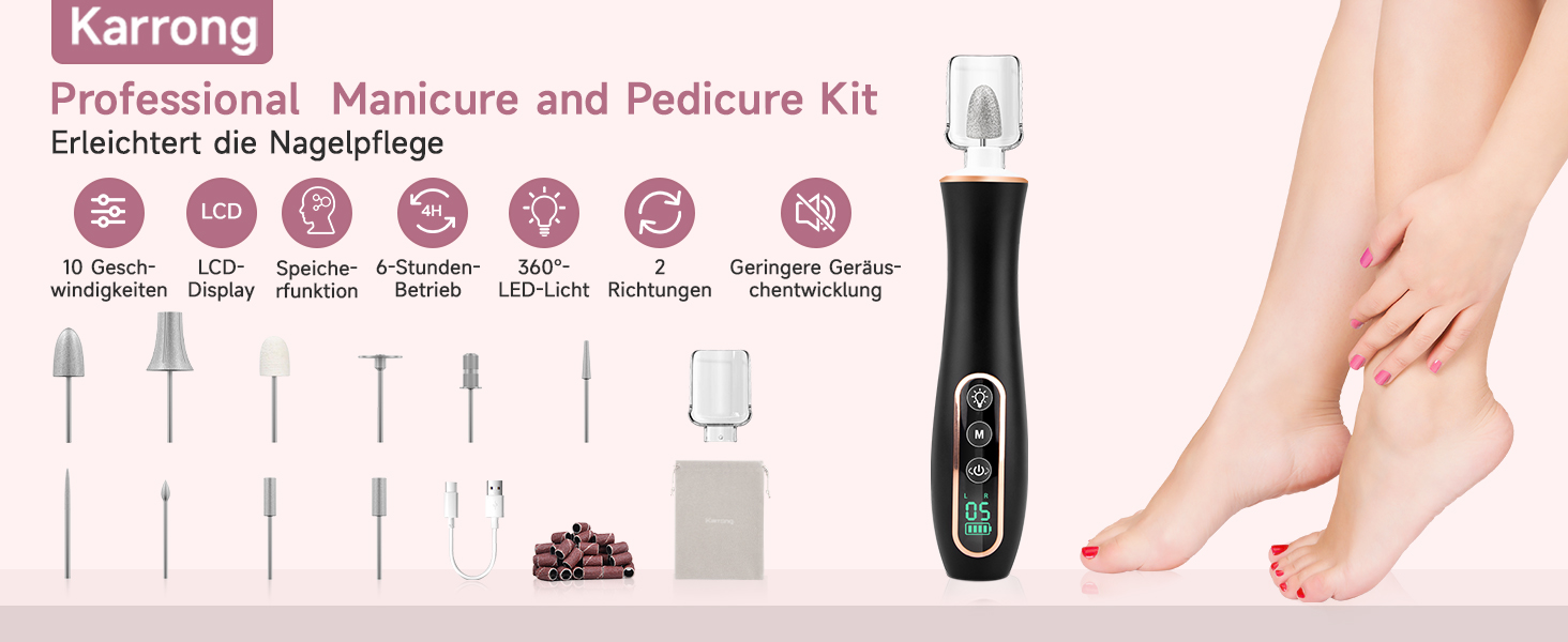 Електричний набір для манікюру Karrong: бездротовий фрезер з 10 насадками, LED-підсвічування, для гель та акрил