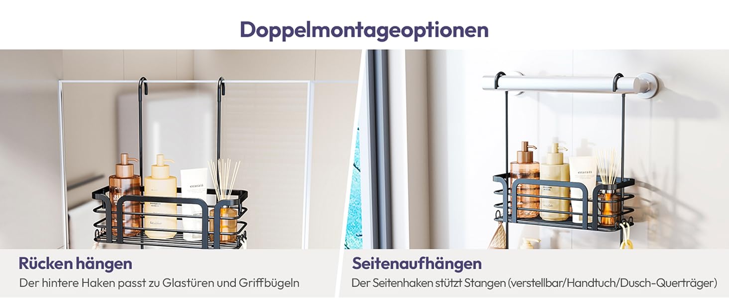 Поличка для душу SWTYMIKI з мильницею та 11 гачками, з нержавіючої сталі, чорна