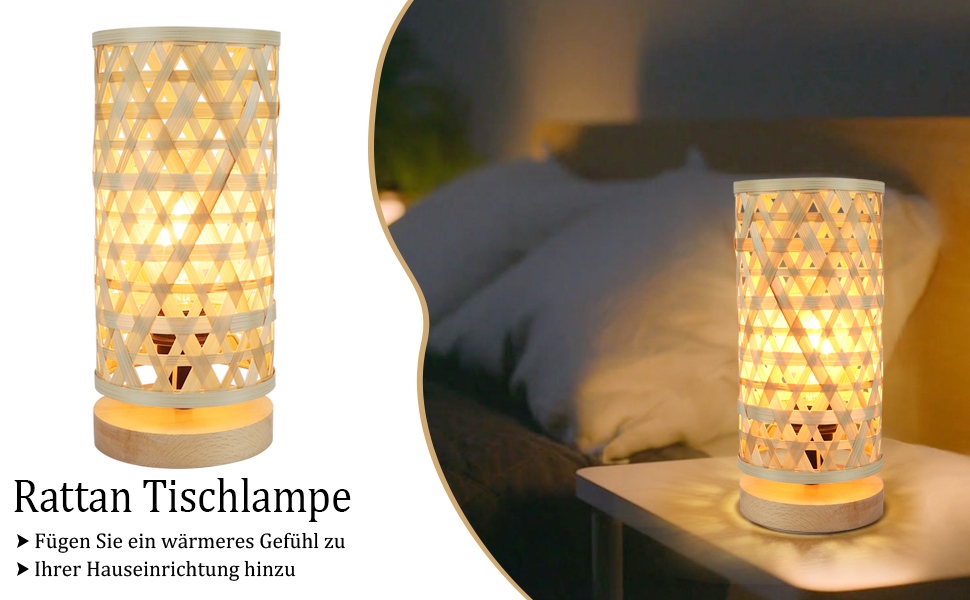 Сучасна LED лампа Depuley на стіл, бамбук та дерево, круглі, з абажуром з ротангу, 60 Вт, патрон E27, нічник, лампа для читання, для спальні, дитячої кімнати, з лампою (Rund-2)