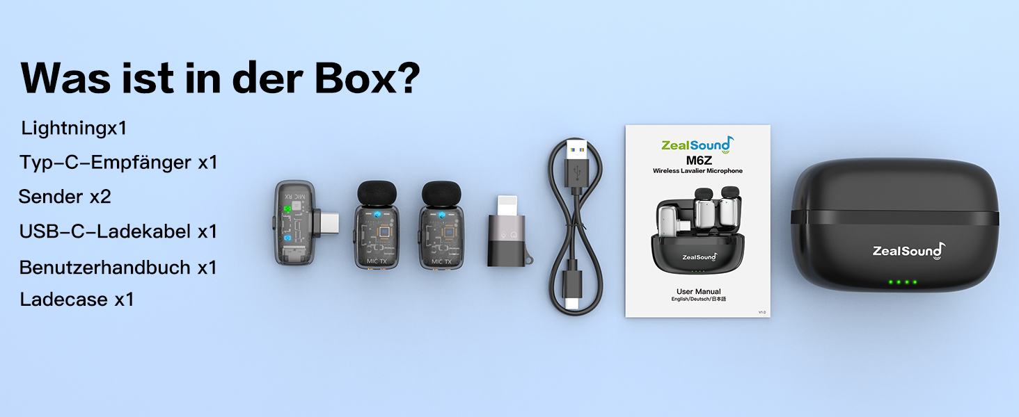 Мікрофон ZealSound M6 бездротовий для iPhone, Android, iPad: USB-C/Lightning, шумозаглушення, 33 години роботи, 100м, для Vlogging, TikTok, Podcast, YouTube, чорний/прозорий