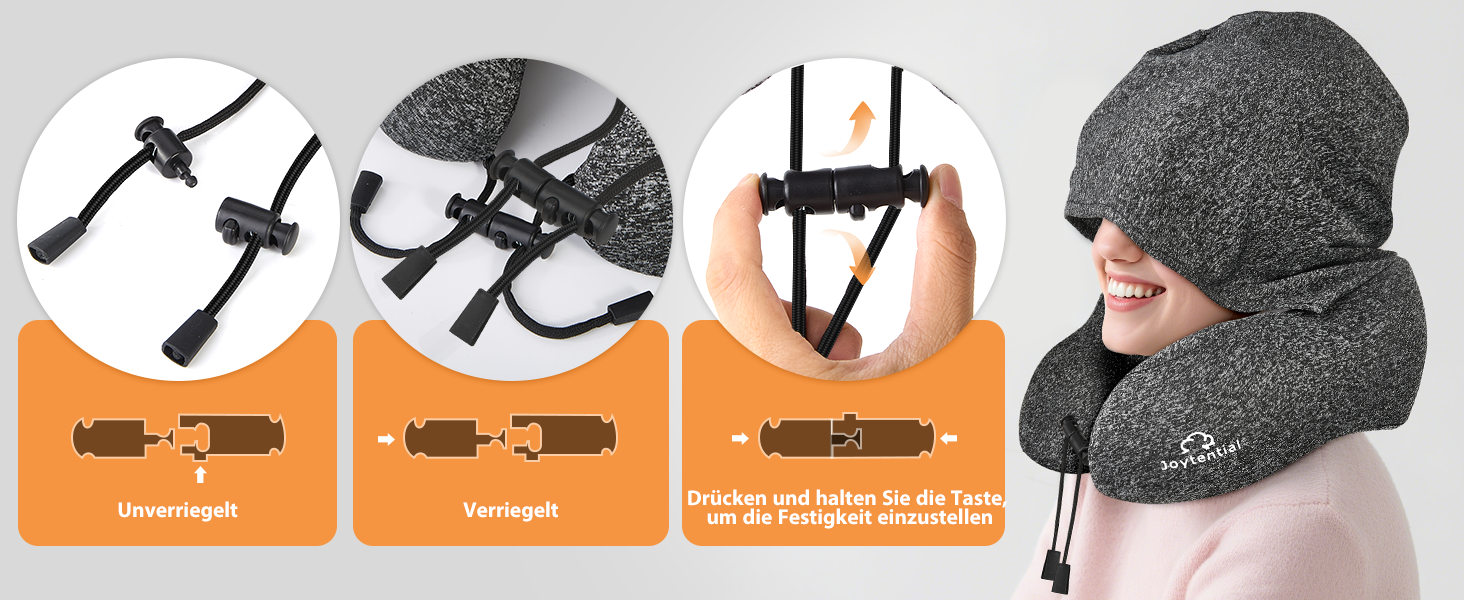 Подушка для шиї в літак з капюшоном, Memory Foam, регульована, для дорослих, авто, офіс (сіра)