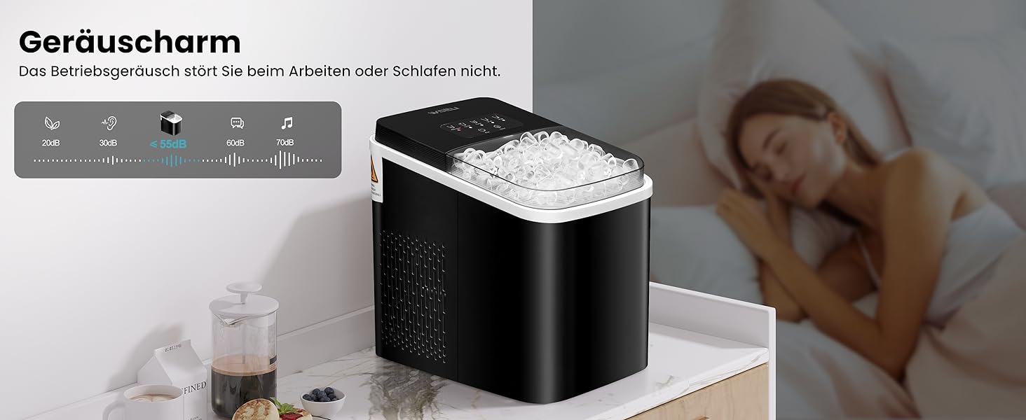 WOLTU Compact Ice Cube Maker Machine - Fast Ice Production (8 Cubes/6-8 Min) - 12kg/24h Capacity - Portable with Handle - Self-Cleaning - 2 Sizes - Ice Maker for Home, Camping, Office (1.4L, Black)