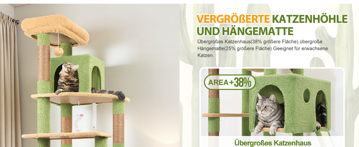 Драбина-кіготь Globlazer Kaktus (178 см) для котів: велика, з гамаком, будиночком, платформами, рампою з сизалю, стабільна для 2-4 котів (F70 Pro, зелена) XXL