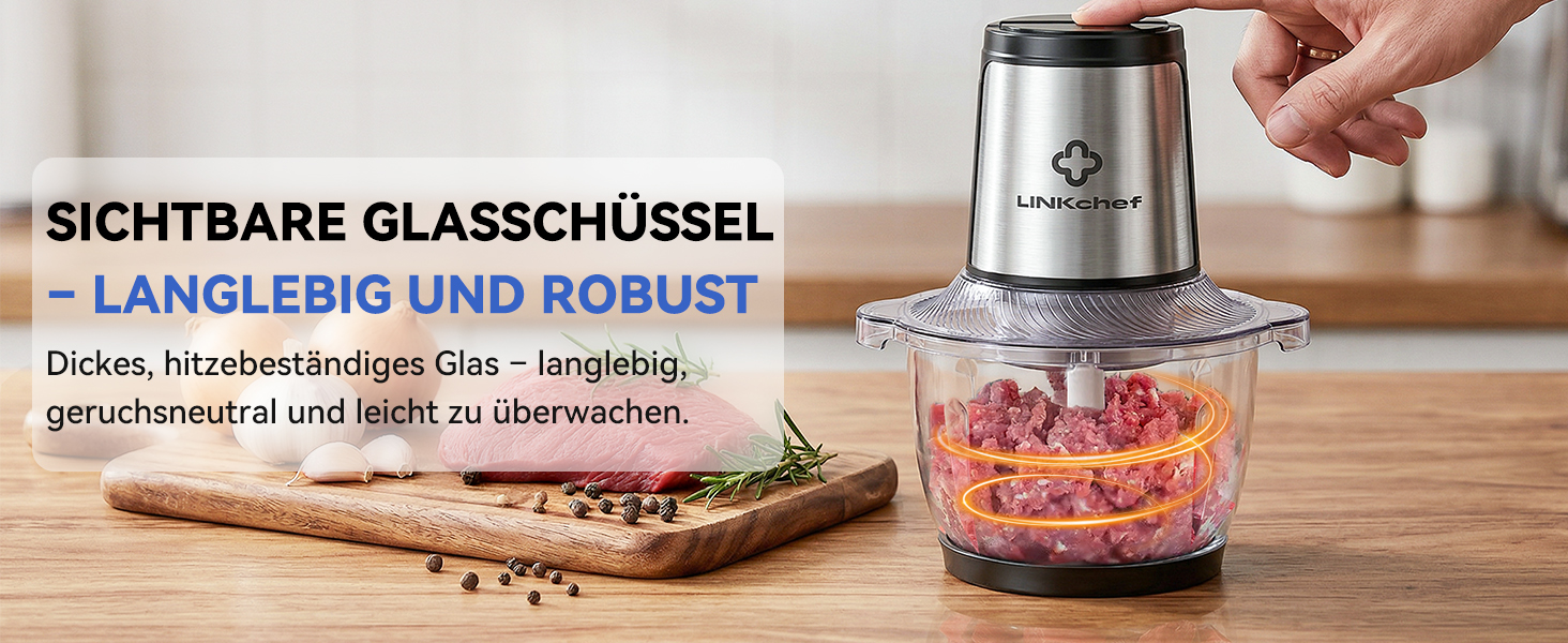 Подрібнювач LINKChef електричний 1.5л, скляна чаша, 3-шарові леза з нержавіючої сталі, 2 швидкості, для м'яса, фруктів, овочів та дитячого харчування, сріблястий