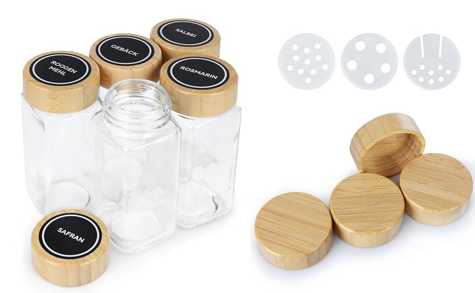Стильна бамбукова полиця для спецій Adabor - органайзер з 27 скляними баночками, кришками та 144 етикетками