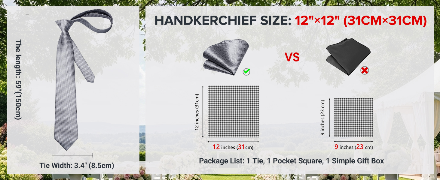 Краватка та нагрудний хустинка HISDERN: комплект для весілля, ділових зустрічей та свят (срібно-сірий)
