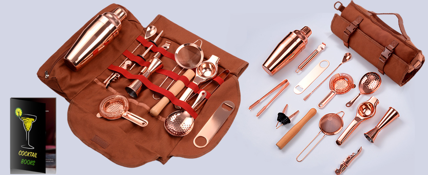 Travel Bartender Kit Bag, 17-Piece Bar Tool Set, Professional Cocktail Bar Set, Portable Waxed Canvas Bar Kit Bag with Shoulder Strap for Bartenders, Parties, Camping Trips