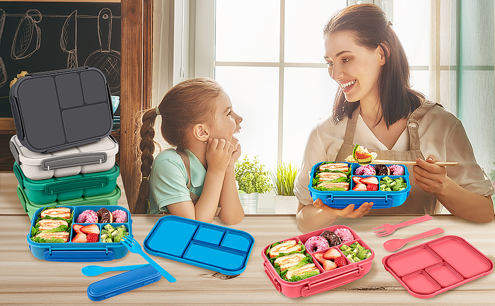 Ланчбокс для дітей та дорослих з 4 відділеннями, 1200 мл, з посудом, BPA-Free, миється в посудомийній машині, для мікрохвильовки (темно-сірий)