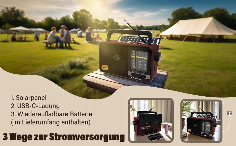 Портативна радіоприймач Klein з сонячною панеллю та акумулятором 1200mAh, AM/FM/SW, 8W динамік, TWS, USB/TF, для кемпінгу, надзвичайних ситуацій та відпочинку на природі (Сірий/Червоний)