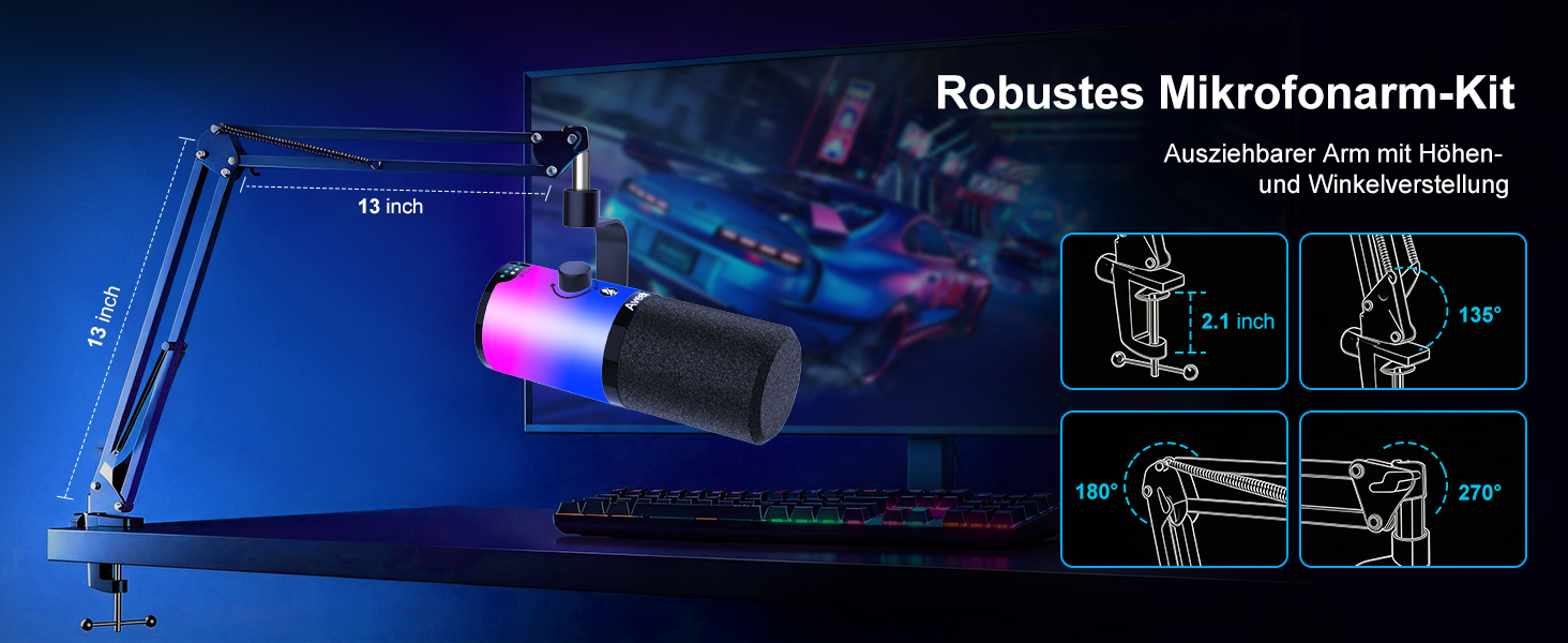 Мікрофон Aveek USB/XLR динамічний з тримачем, з функцією Mute, шумозаглушенням та RGB підсвіткою для ПК, стрімінгу, подкастів та запису