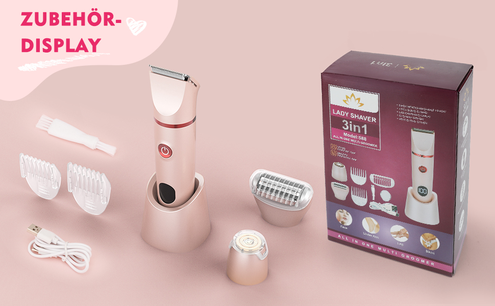 Suttik 3-в-1 тример для інтимної зони для жінок. Електричний бездротовий триммер для бікіні, вологостійкий (IPX6). Зручний подарунок (рожевий)