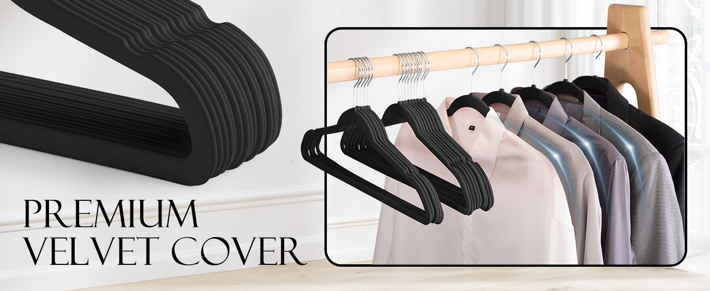 В'язки для одягу з велюру 20 шт. - В'язки для одягу, що економлять місце, для костюмів, тонкі антиковзаючі вішалки для штанів, поворотний гачок на 360°, широкі вішалки для одягу, міцні велюрові вішалки (Чорний)