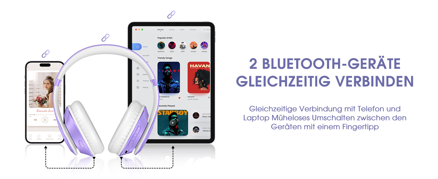 Бездротові навушники Uliptz Bluetooth Over Ear: 65 годин роботи, 6 EQ-режимів, HiFi стерео, складна конструкція, для подорожей/офісу/телефону/ПК (фіолетовий)