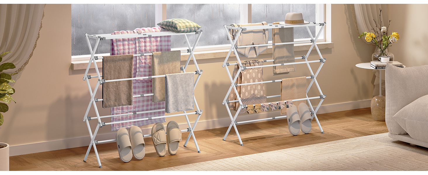 Складаний сушильник для білизни з 11 перекладинами, 3-ярусний розсувний, для дому та вулиці, сірий та білий