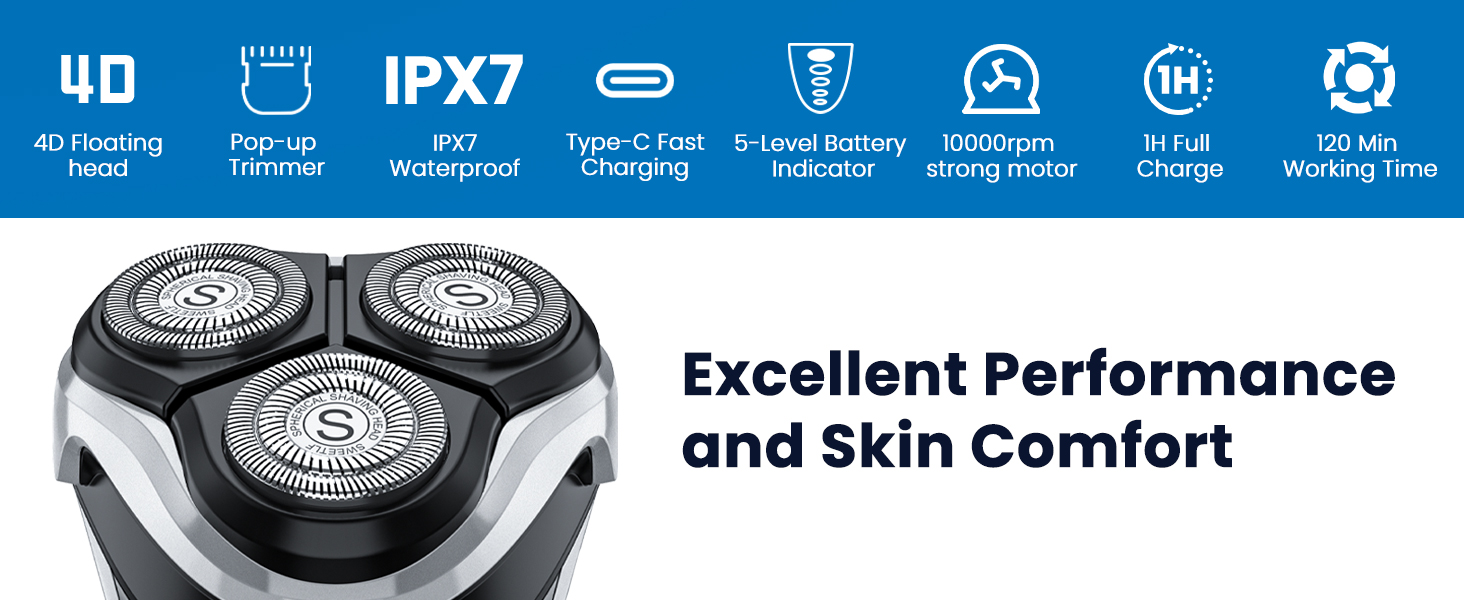 Електричний верстат для гоління SweetLF [2023 Neu] для чоловіків з 3D-головкою, LED-дисплеєм, 3 змінні голівки та зарядним пристроєм. Вологостійкий IPX7, чорний