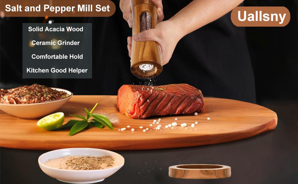 Дерев'яна мельниця для солі та перцю з підставкою, ручна, з регульованим керамічним жорном, 20 см
