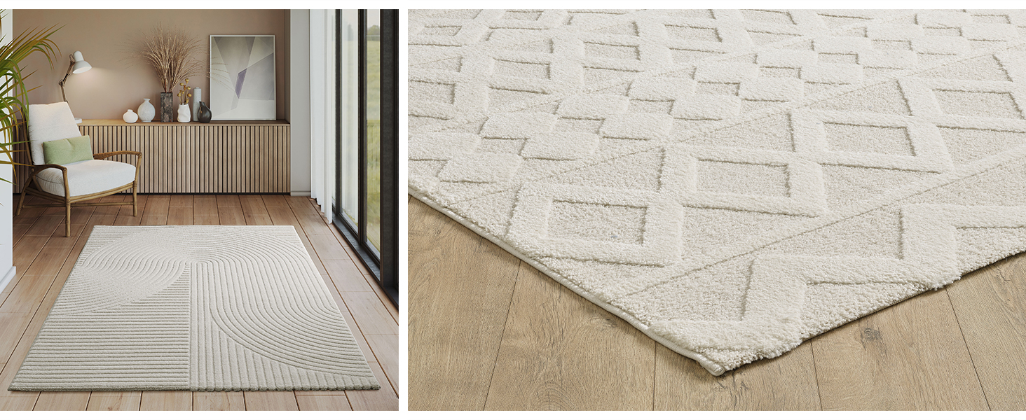 Килим Everest - сучасний коротковорсовий килим для вітальні та спальні з ефектом висоти-глибини, 3D ефект, висока щільність ворсу та приємна м'якість, дизайн Panglao, кремовий, 80 x 150 см